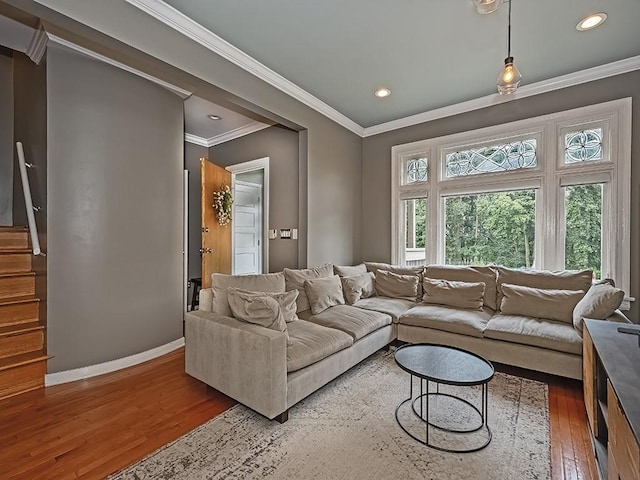 410 Bailey Ave, Mt Washington, PA 15211 - living area with hardwood / wood-style flooring, recessed lighting, crown molding, and stairway