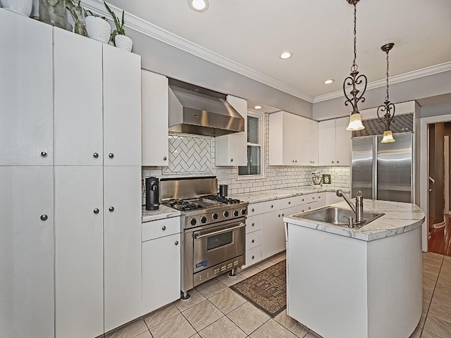410 Bailey Ave, Mt Washington, PA 15211 - kitchen featuring wall chimney range hood, premium appliances, ornamental molding, light countertops, and tasteful backsplash