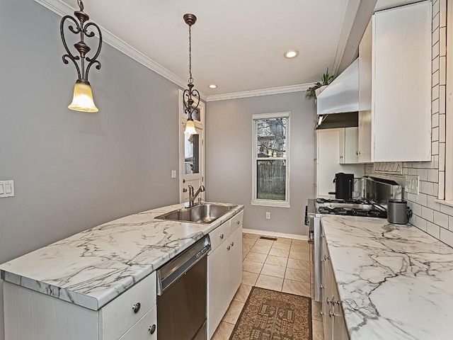 410 Bailey Ave, Mt Washington, PA 15211 - kitchen with appliances with stainless steel finishes, ventilation hood, white cabinetry, backsplash, and ornamental molding