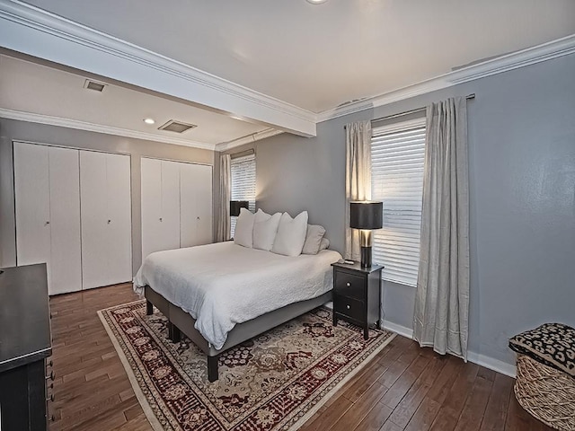410 Bailey Ave, Mt Washington, PA 15211 - bedroom featuring dark wood-style flooring, ornamental molding, multiple windows, and two closets