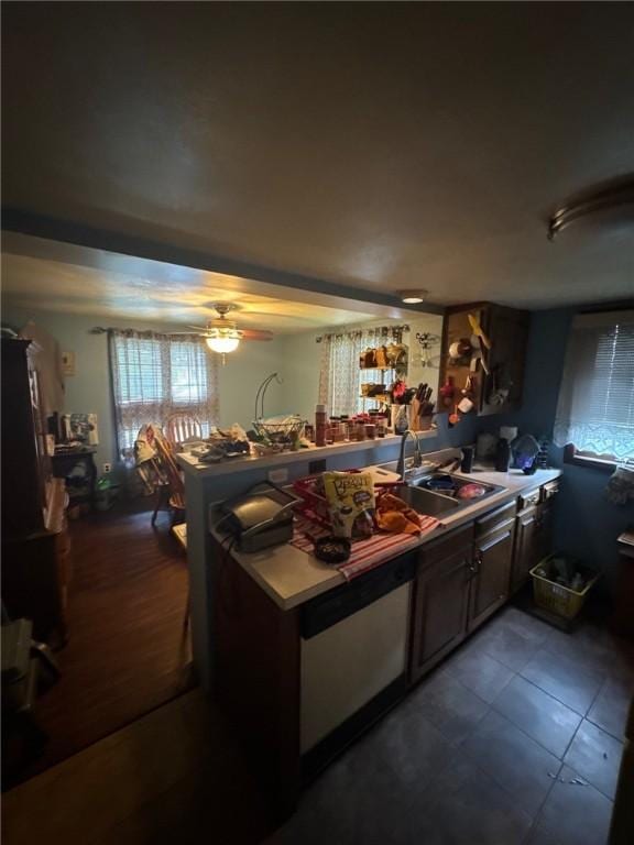 534 Independence Dr, Clairton, PA 15025 - kitchen featuring dishwasher, a ceiling fan, a peninsula, and dark tile patterned flooring