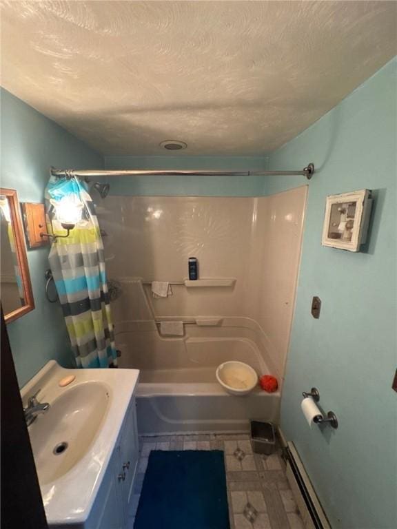 534 Independence Dr, Clairton, PA 15025 - full bath featuring shower / bathtub combination with curtain, vanity, a textured ceiling, and tile patterned floors