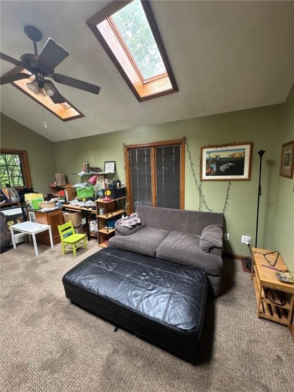 534 Independence Dr, Clairton, PA 15025 - carpeted bedroom featuring a skylight, lofted ceiling, and ceiling fan