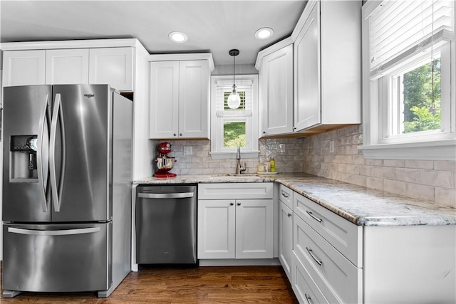 1155 Cedar Blvd, Mt Lebanon, PA 15228 - kitchen with appliances with stainless steel finishes, white cabinetry, recessed lighting, dark wood-style flooring, and tasteful backsplash