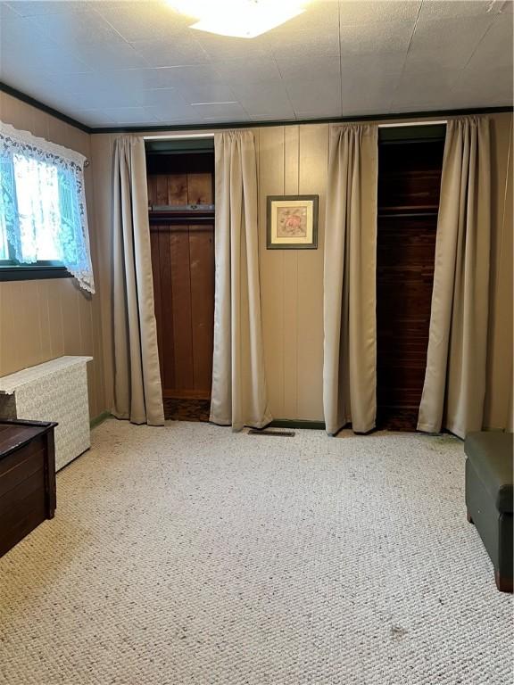 1220 Negley St, Farrell, PA 16121 - unfurnished bedroom featuring carpet flooring, wood walls, and a closet