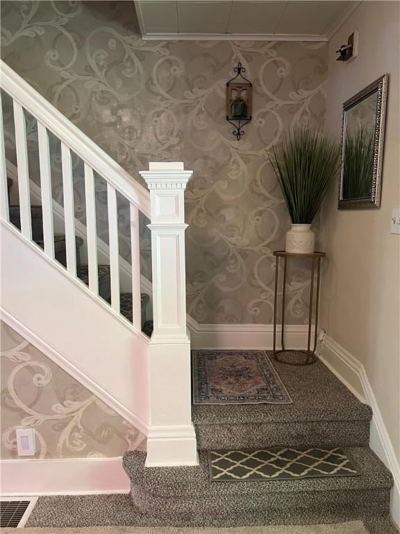 1220 Negley St, Farrell, PA 16121 - staircase featuring ornamental molding, wallpapered walls, and carpet floors