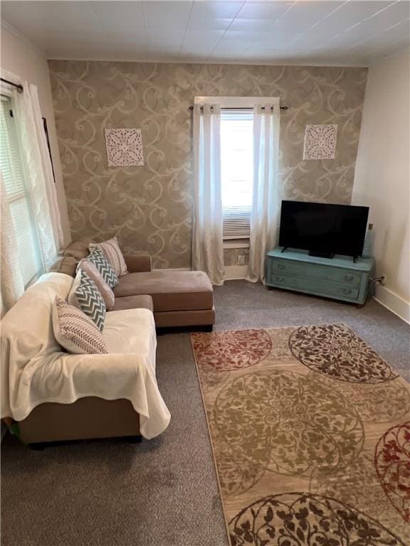 1220 Negley St, Farrell, PA 16121 - living room with carpet flooring and wallpapered walls
