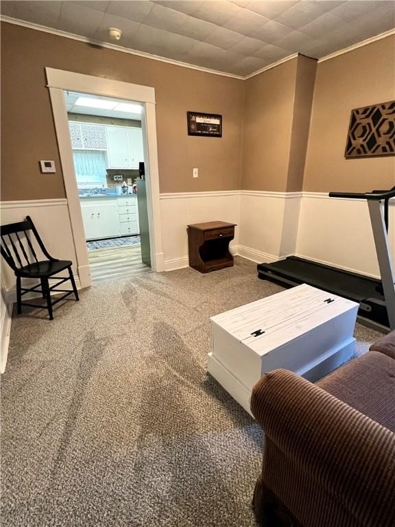 1220 Negley St, Farrell, PA 16121 - carpeted living room featuring crown molding and a wainscoted wall