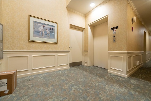 425 N Neville St Unit 302, Oakland, PA 15213 - hallway featuring ornamental molding, a decorative wall, carpet floors, and wainscoting