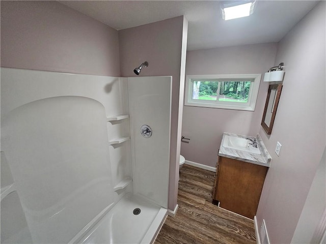 352 Hartzell School Rd, Marion Twp, PA 16123 - bathroom featuring wood finished floors, vanity, and a shower