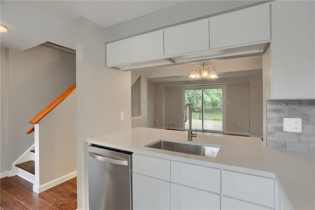 7311 Lafayette Sq, Hopewell Twp, PA 15001 - kitchen featuring dishwasher, light countertops, white cabinets, tasteful backsplash, and dark wood-style floors