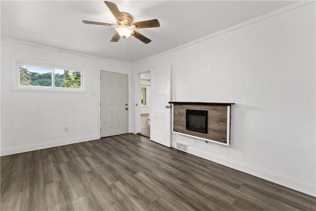 428 Card Ave, Wilmerding, PA 15148 - unfurnished living room with a ceiling fan, dark wood-style floors, a fireplace, and ornamental molding