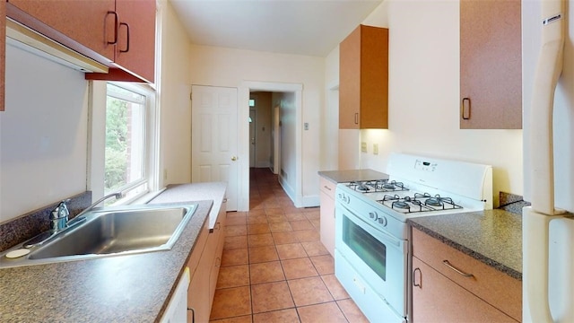 2945 Devlin St, Arlington, PA 15210 - kitchen with white appliances, light tile patterned floors, and dark countertops