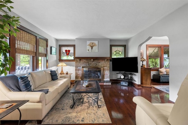 5517 Gibson Rd, Richland, PA 15044 - living room with hardwood / wood-style floors, arched walkways, and a stone fireplace