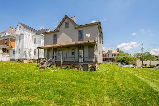 625 N Main St, City Of Washington, PA 15301 - rear view of property featuring covered porch, a yard, stucco siding, and a chimney