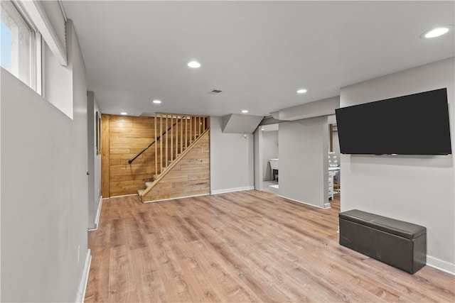 217 Westmont Rd, Ross Twp, PA 15237 - finished below grade area featuring stairs, wood finished floors, recessed lighting, and wood walls
