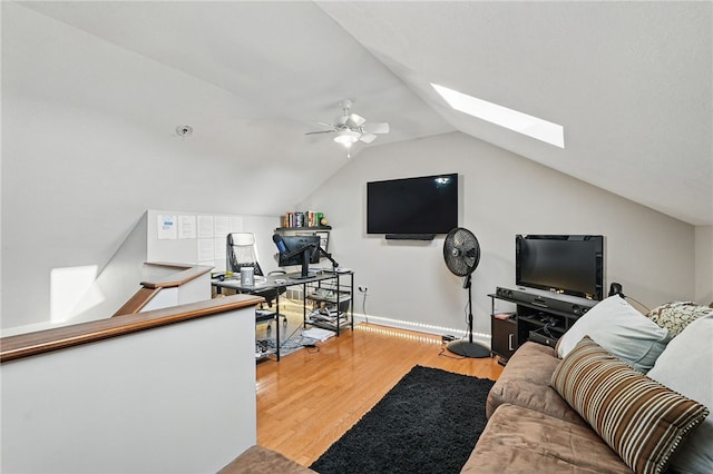 30 S 18th St, South Side, PA 15203 - living room with a skylight, ceiling fan, wood finished floors, and lofted ceiling