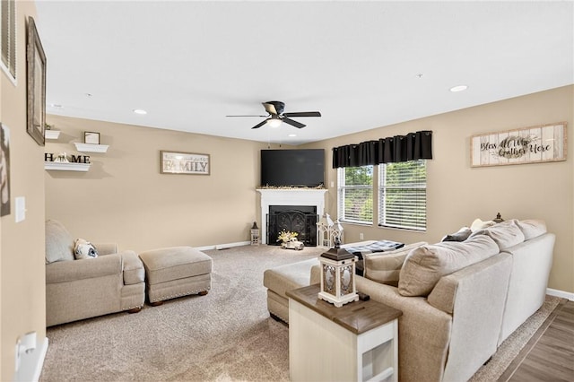 2000 Moccasin Dr, South Strabane, PA 15301 - living area with ceiling fan, a fireplace, and recessed lighting