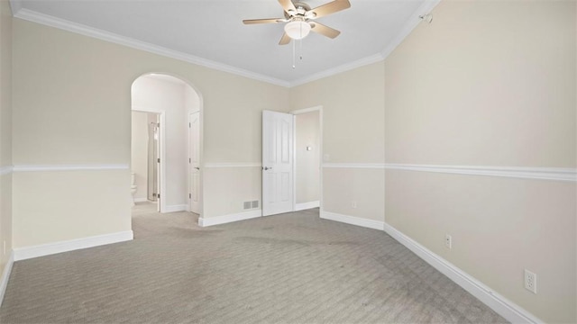 224 Adams Pointe Blvd Unit 1, Adams Twp, PA 16046 - empty room with arched walkways, a ceiling fan, ornamental molding, and carpet flooring