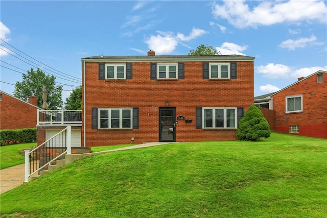 1445 Raven Dr, Pittsburgh, PA 15243 - view of front of house featuring brick siding, a front yard, a chimney, concrete driveway, and an attached garage
