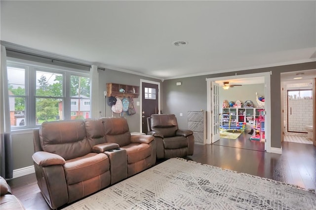 1445 Raven Dr, Pittsburgh, PA 15243 - living room featuring ornamental molding, wood finished floors, and ceiling fan