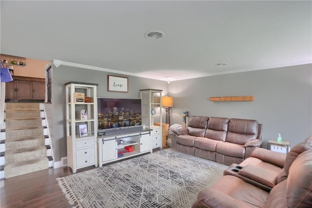 1445 Raven Dr, Pittsburgh, PA 15243 - living room with ornamental molding, wood finished floors, and stairs