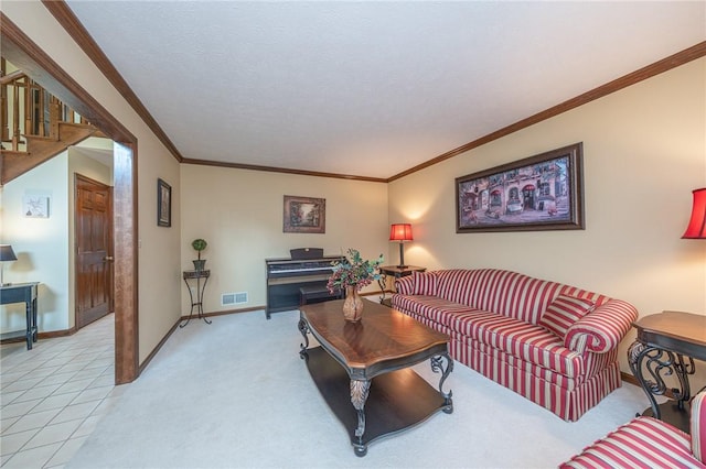 803 Birch Field Ct, Marshall, PA 15090 - living room with ornamental molding, light carpet, and stairway