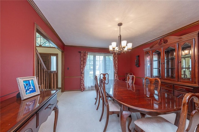 803 Birch Field Ct, Marshall, PA 15090 - dining space featuring ornamental molding, a chandelier, light colored carpet, and stairs
