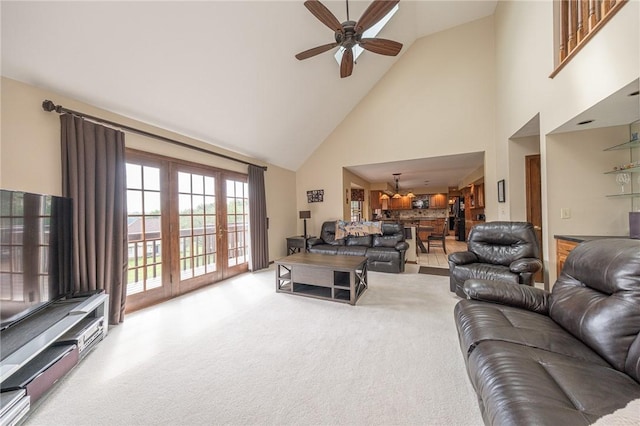 803 Birch Field Ct, Marshall, PA 15090 - living room with high vaulted ceiling, carpet floors, and ceiling fan