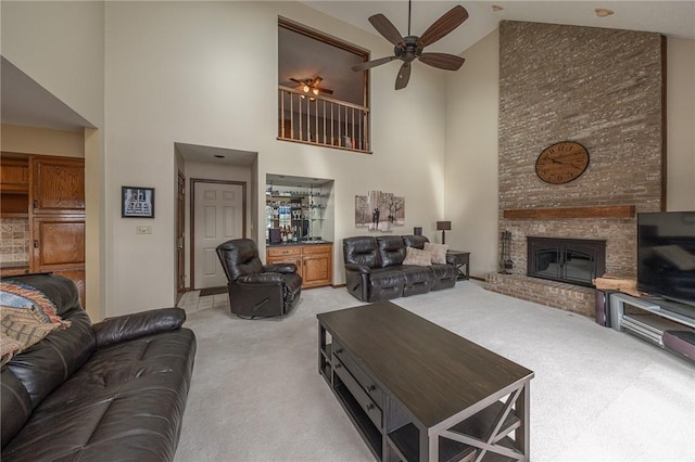 803 Birch Field Ct, Marshall, PA 15090 - living room with high vaulted ceiling, light colored carpet, ceiling fan, and a fireplace