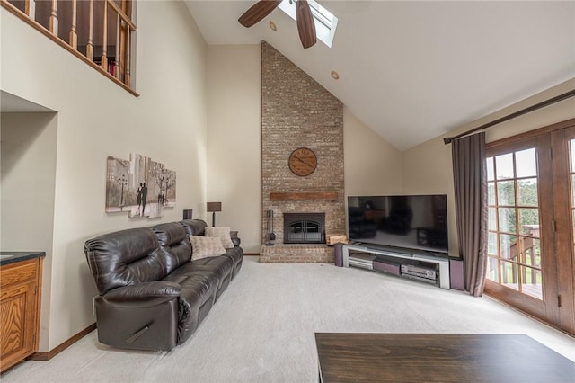 803 Birch Field Ct, Marshall, PA 15090 - living area with light carpet, ceiling fan, high vaulted ceiling, and a fireplace