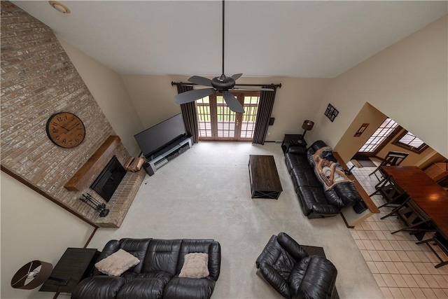 803 Birch Field Ct, Marshall, PA 15090 - living area with lofted ceiling, ceiling fan, a fireplace, and carpet