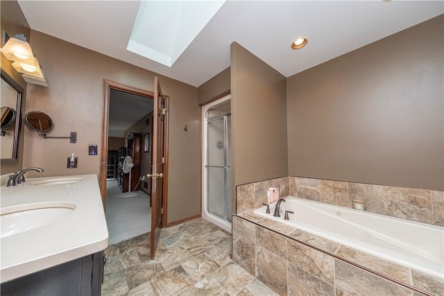 803 Birch Field Ct, Marshall, PA 15090 - bathroom with a bath, double vanity, a stall shower, and recessed lighting