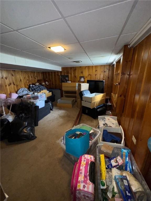 155 Roosevelt Ave, Stowe Twp, PA 15136 - finished basement featuring wooden walls, a paneled ceiling, and carpet