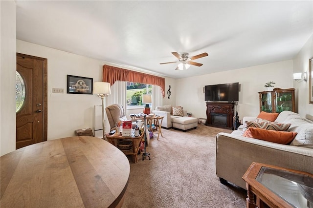 161 Thorne Dr N, Franklin Twp, PA 15301 - carpeted living room featuring a ceiling fan and a fireplace