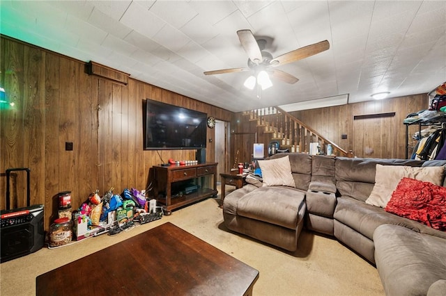 161 Thorne Dr N, Franklin Twp, PA 15301 - carpeted living area with wood walls, a ceiling fan, and stairway