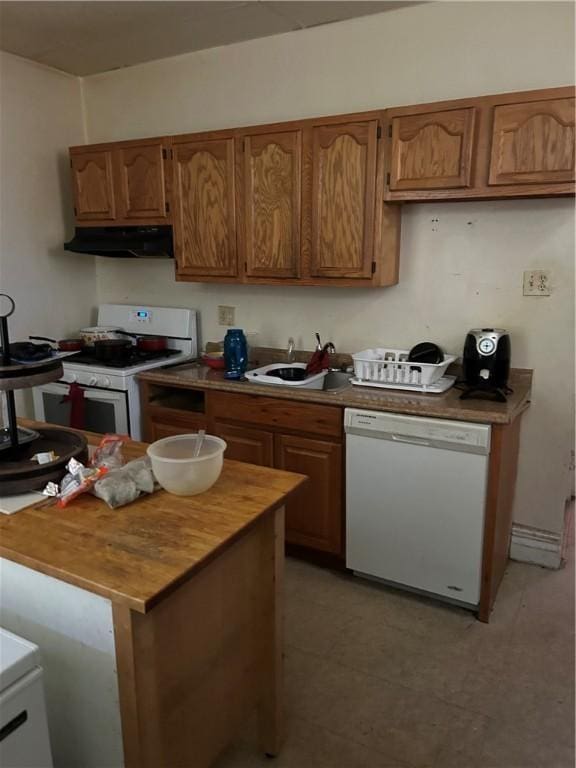 3134-3136 Huxley St, Sheraden, PA 15204 - kitchen with white appliances, exhaust hood, butcher block counters, and brown cabinets