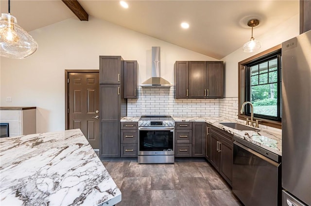 5 Bel Aire Dr, Murrysville, PA 15626 - kitchen featuring wall chimney exhaust hood, stainless steel appliances, light stone countertops, tasteful backsplash, and dark brown cabinetry