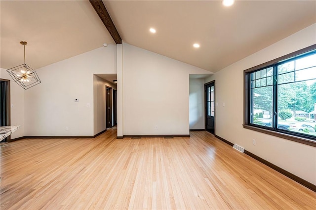 5 Bel Aire Dr, Murrysville, PA 15626 - unfurnished living room with beamed ceiling, light wood finished floors, a chandelier, recessed lighting, and high vaulted ceiling
