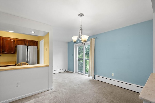 1810 Fairland St, Carrick, PA 15210 - unfurnished dining area featuring a baseboard heating unit, a chandelier, light colored carpet, and recessed lighting