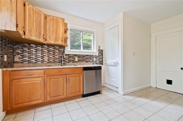 3001 Mount Allister Rd, Observatory Hill, PA 15214 - kitchen featuring stainless steel dishwasher, decorative backsplash, light tile patterned floors, light stone countertops, and brown cabinetry