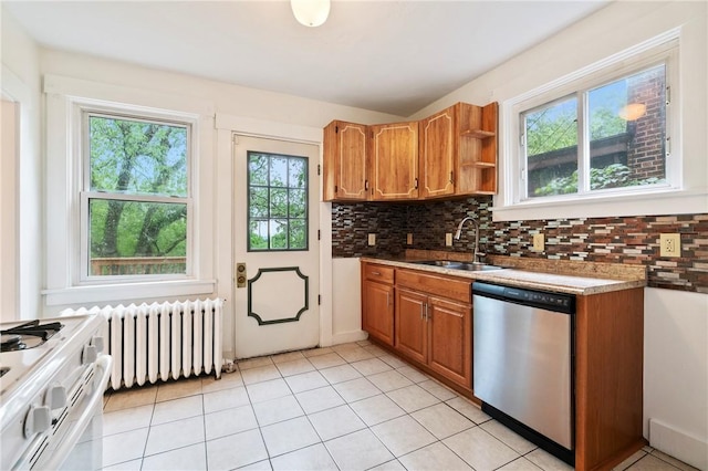 3001 Mount Allister Rd, Observatory Hill, PA 15214 - kitchen featuring dishwasher, radiator, white stove, tasteful backsplash, and brown cabinetry