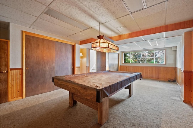 315 Olive St, Mccandless, PA 15237 - playroom featuring a paneled ceiling, carpet, wood walls, billiards, and a wainscoted wall
