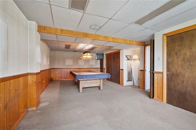 315 Olive St, Mccandless, PA 15237 - playroom with billiards table, a drop ceiling, wainscoting, carpet flooring, and wood walls