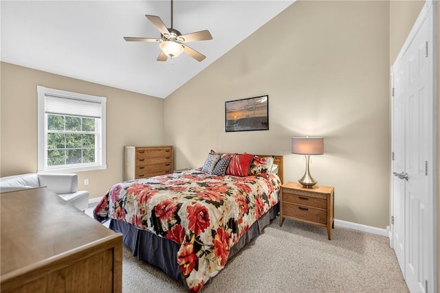 1049 Waterford Ct E, North Strabane, PA 15317 - bedroom with light carpet, a closet, a ceiling fan, and high vaulted ceiling