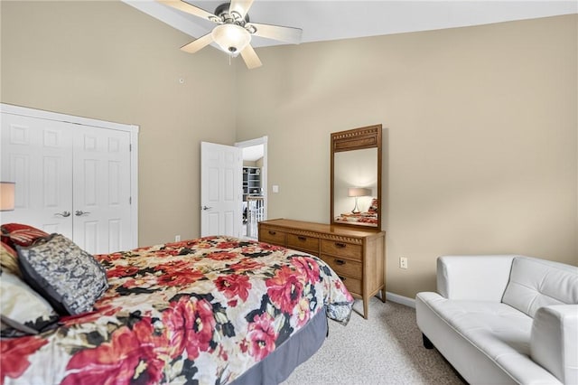 1049 Waterford Ct E, North Strabane, PA 15317 - bedroom featuring light colored carpet, high vaulted ceiling, a ceiling fan, and a closet