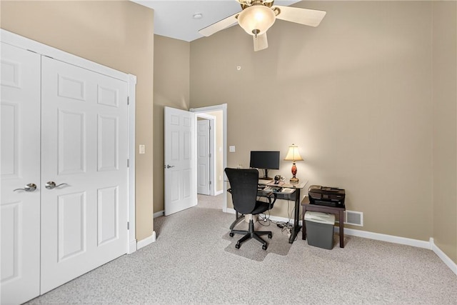1049 Waterford Ct E, North Strabane, PA 15317 - office area with carpet flooring, ceiling fan, and a high ceiling