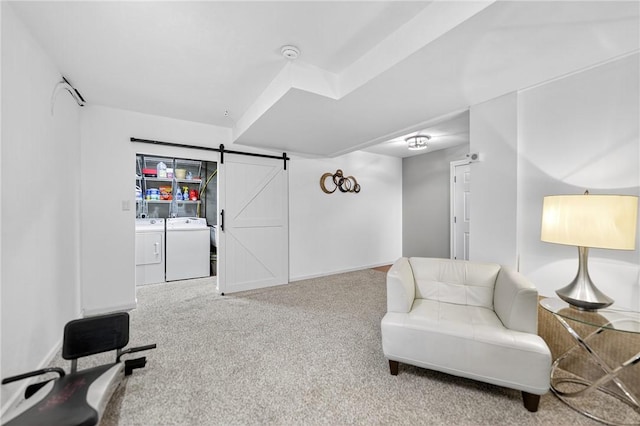 1049 Waterford Ct E, North Strabane, PA 15317 - living area with separate washer and dryer, a barn door, and carpet floors