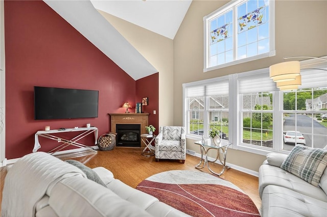 1049 Waterford Ct E, North Strabane, PA 15317 - living room featuring high vaulted ceiling, wood finished floors, plenty of natural light, and a glass covered fireplace