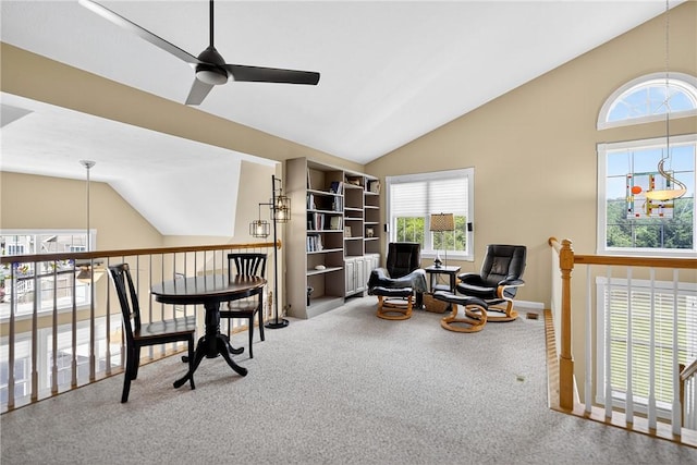 1049 Waterford Ct E, North Strabane, PA 15317 - living area featuring a ceiling fan, carpet flooring, an upstairs landing, and high vaulted ceiling